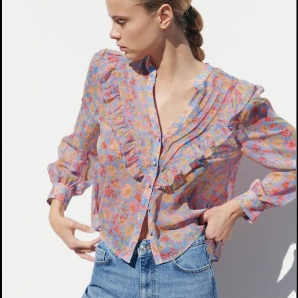 Zara French Chic Floral Sheer Ruffle Gold Fleck Frill Blouse